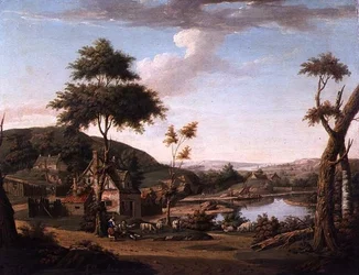 Rivierlandschap met figuren buiten een huisje