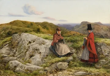 Welsh landschap met twee vrouwen die breien