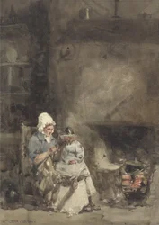 Een vrouw en kind bij een haard, 1842