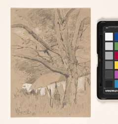 Landschap met schildersezel en paraplu