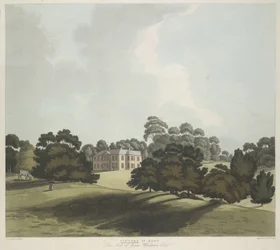 Figuren en een paard in parklandschap; Vinters House in het midden; bomen door de hele scène