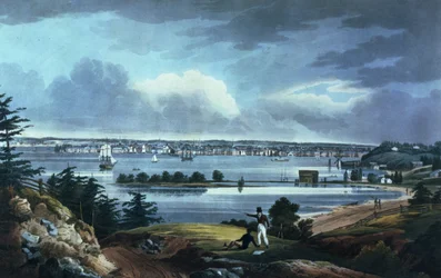 New York vanaf hoogtes nabij Brooklyn, 1820-23 (gekleurde aquatint)