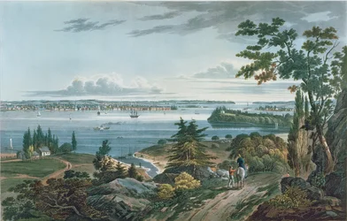 New York vanuit Weehawk, gegraveerd door I. Hill, 1820-3