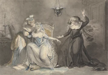 Een dramatische scène met drie vrouwen in een interieur