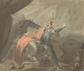 Een koning en een paard met spookachtige vrouwen