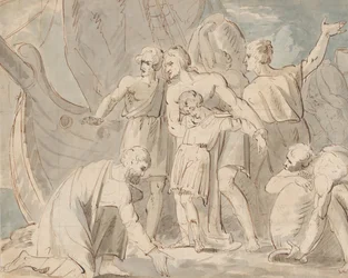 Historisch onderwerp met mannen en een jongen bij een schip recto..., 1770-80