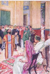 Paulus voor Agrippa, uit Het Bijbelverhaal uitgegeven door Hodder & Stoughton, ca. 1930 (kleur litho)
