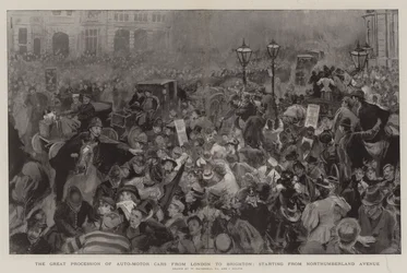 De grote processie van automobielen van Londen naar Brighton, startend vanaf Northumberland Avenue