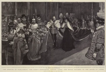De opening van het parlement, de processie van de koning langs de Koninklijke Galerij naar het Hogerhuis