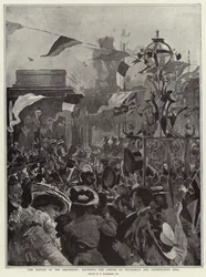 De terugkeer van de processie, om de hoek van Piccadilly en Constitution Hill