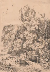 Landschap met Bomen, Meisje dat Voetbrug Oversteekt