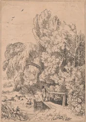 Landschap met Bomen, Meisjes die Voetbrug Oversteken