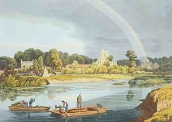 Staines Church met City Stone aan de oevers van de rivier, gegraveerd door Robert Havell de Jongere, gepubliceerd 1818