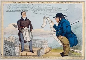 John Bull en de architect die de bogen bouwt, gegraveerd door Thomas McLean (1788-1875)