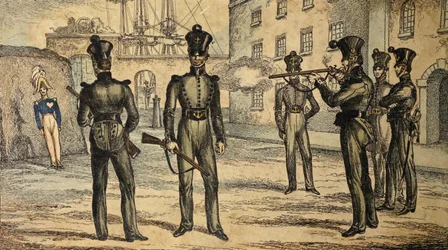 Mariniers bij schommelend figuur schietoefening, ca. 1835 (handgekleurde ets)