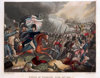 De Hertog van Wellington (1769-1852) met troepen die oprukken bij de Slag bij Waterloo, illustratie uit een verhalend gedicht door Dr. Syntax, 1818