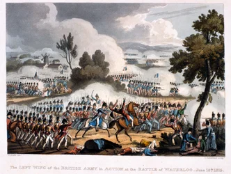 De linkerflank van het Britse leger in actie bij de Slag bij Waterloo, gegraveerd door Thomas Sutherland, 1815