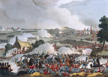 Het centrum van het Britse leger in actie bij de Slag bij Waterloo, 18 juni 1815, aquatint door Sutherland, 1815 (gekleurde aquatint)