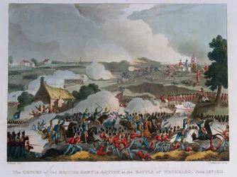Het centrum van het Britse leger in actie bij de Slag bij Waterloo, 1815