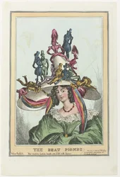 Vrouw met grote hoed waarop mannelijke figuren zitten