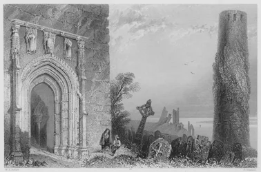Ingangsdeur van Temple Mc Durmot, Clonmacnoise (gravure)