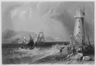South-wall Vuurtoren, met Howth heuvel in de verte (gravure)