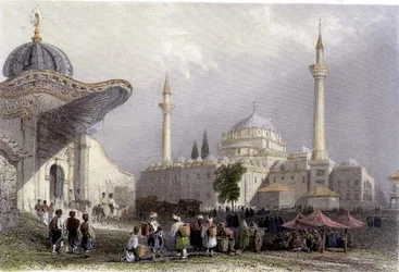 De Moskee van Bajazet met de Seraskierpoort, Istanbul, gegraveerd door H. Griffiths, ca. 1850 (aquatint)