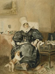 Portret van een dame bij een tafel met een hond