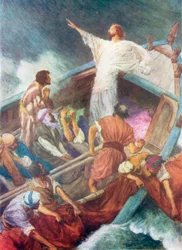 Jezus die de storm stilt (kleurenlitho)