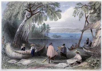 Kano constructie bij Pappers Eilanden nabij de Ottawa Rivier - in "Canadian scenery illustrated" door Bartlett W. H.