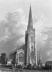 Kerk van St. Mary the Virgin, Saffron Walden, gegraveerd door Robert Sands, 1832