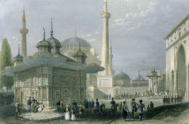 Fontein en plein van St. Sophia, Istanbul, gegraveerd door T. Higham, ca. 1850
