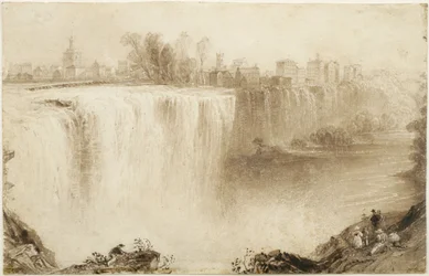 Genesee Falls, Rochester, New York: Studie voor een gravure, 1836 (bruine inktwassing met krassen op papier)