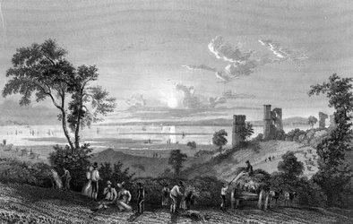 Hadleigh Castle, Essex, kijkend naar Sheerness, gegraveerd door William Watkins, 1835