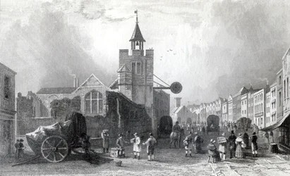 High St. met de kerk van St. Nicholas, Colchester, Essex, gegraveerd door Charles Mottram, 1831