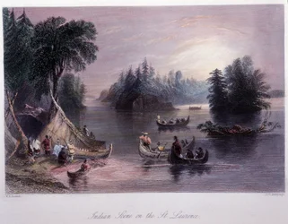 Indiaans kampement aan de oevers van de Saint Laurent - in "Canadian scenery illustrated" door Bartlett W. H.