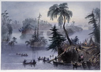 Scène tussen de Duizend Eilanden: Kamp en boten, Mille îles - in "Canadian scenery illustrated" door Bartlett W. H.