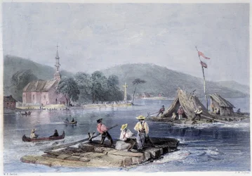 Kolonisten vlotten en houttransport op het Meer van de twee bergen - in "Canadian scenery illustrated" door Bartlett W. H.