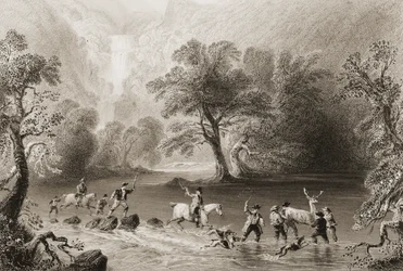 Een hert vangen bij Derrycunnihy Cascade, County Kerry, Ierland, uit 
