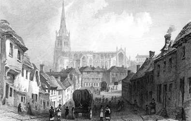 Thaxted vanuit het zuiden, Essex, gegraveerd door J. Rolph, 1832