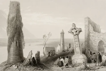 Het Oude Kruis en de Ronde Toren bij Clonmacnois, County Offaly, Ierland, uit 