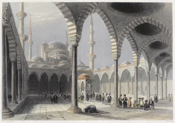Het Hof van de Moskee van Sultan Achmet, Istanbul, gegraveerd door S. Fisher