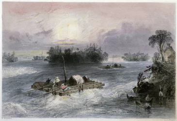 Transport van hout en stroomversnellingen naar het dorp Cedars - in "Canadian scenery illustrated" door Bartlett W. H.