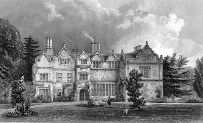 Westelijke voorgevel van Spains Hall, Essex, gegraveerd door John Rogers, 1832