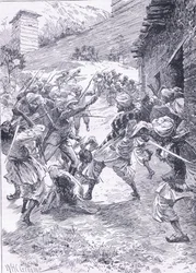 Luitenant Harley leidt de sortie vanuit Fort Chitral, illustratie uit Cassells Geschiedenis van Engeland, 1900s
