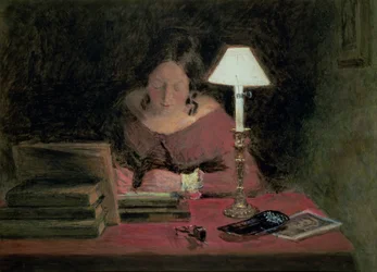 Meisje dat schrijft bij lamplicht, ca. 1850