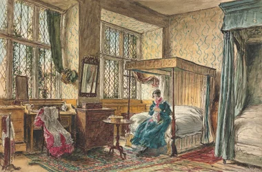 Mejuffrouw Moore naaiend in haar slaapkamer, Hardwick Hall, Derbyshire