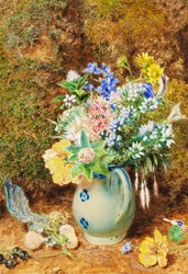 Lichtblauwe Chinese kan met heide en kleine bloemen, ca. 1860