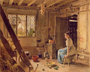 Het meisje en de ekster, een interieur van een cottage in Shillington, Bedfordshire, 1834