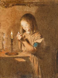 Een naald rijgen: De jonge naaister, ca. 1845